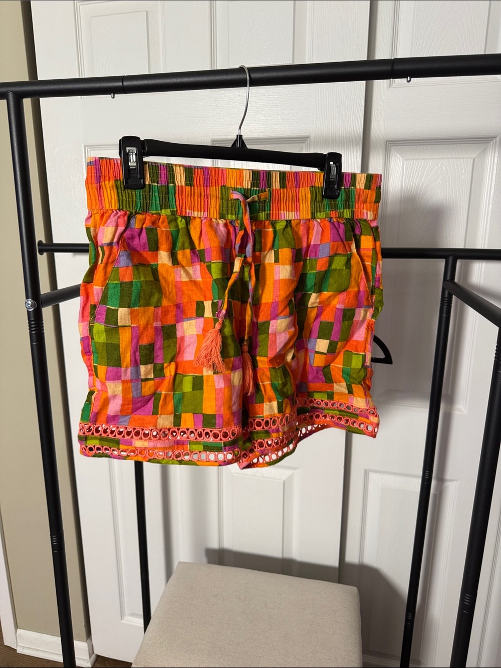Linen Colorblock Tassel Drawstring Women’s Shorts - Multicolor
